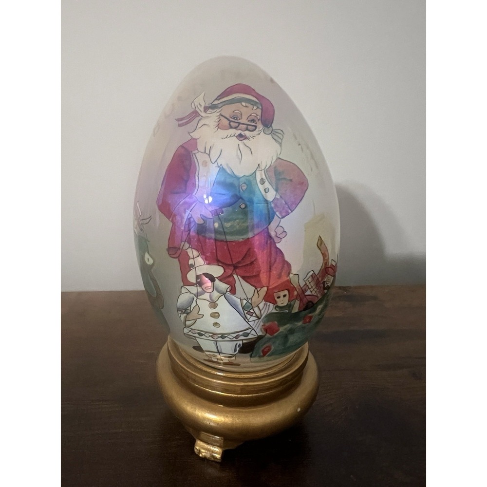 Les Hans Inside Painted Glass Egg Renaissance Santa Wood Base Vintage